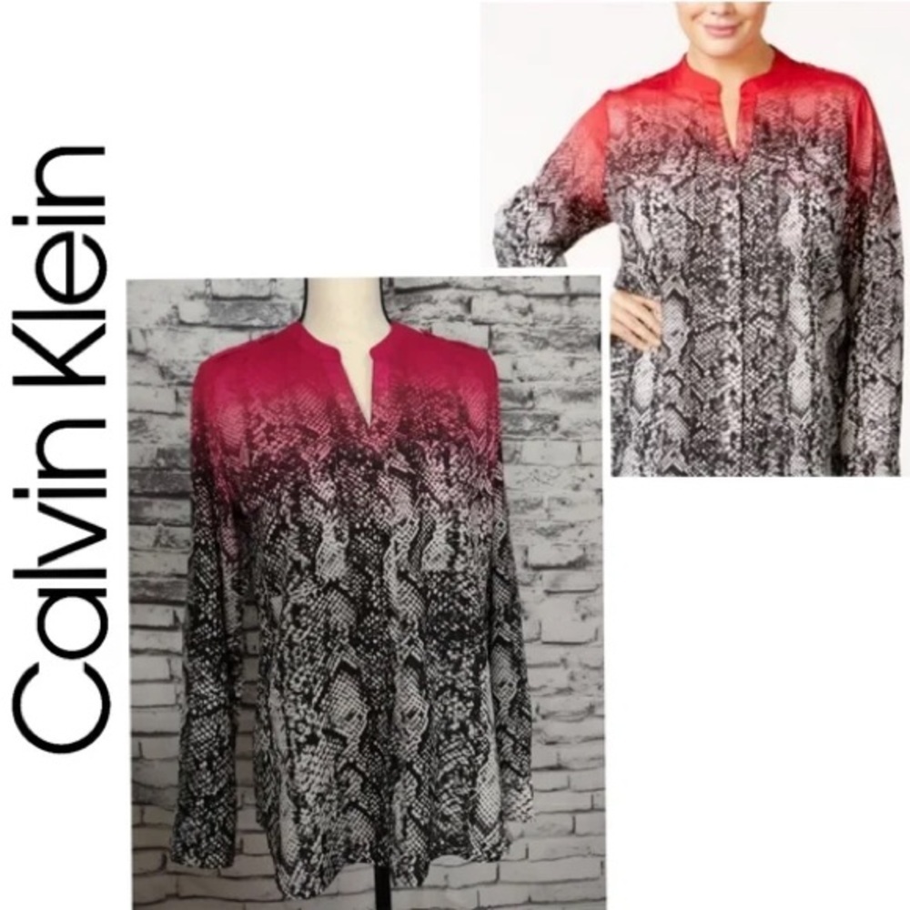 Calvin Klein Woman’s Plus Size 0X Top Blouse Ombre Coral Black Snakeskin Print